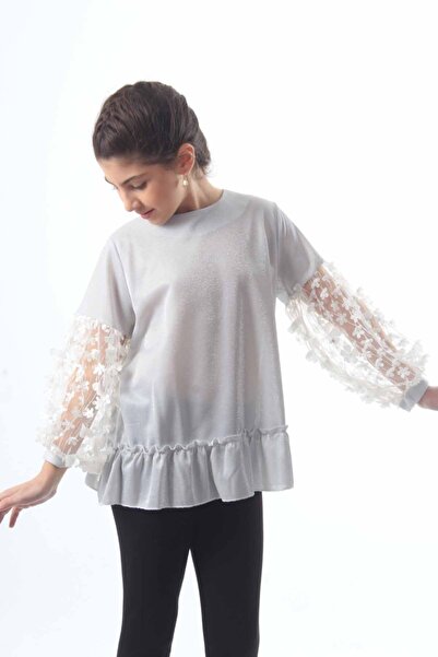 ÖFİ Kids Kız Simli Kolu Çiçekli Güpürlü Tunik