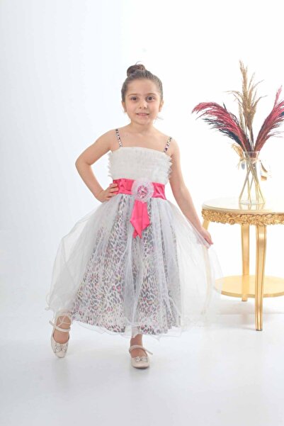 ÖFİ Kids Kız Uzun Leopar Desenli Beyaz Şık Abiye