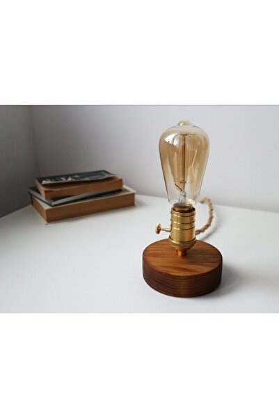 hü ma tasarım ve aksesuar Eskitme Sarı Duylu Anahtarlı Retro Rustik Ahşap Mas...