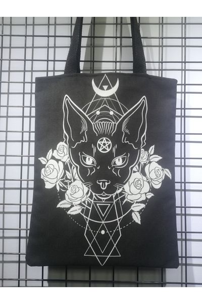owl bag Geantă de umăr din țesătură cu model de pisică neagră în stil gotic