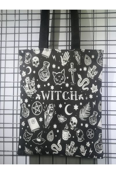 owl bag Geantă de umăr din țesătură cu model în stil gotic - vrăjitoare și cranii