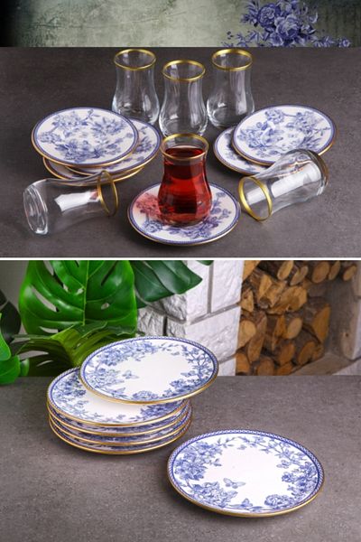 Pinkev Butterfly 18 Piece Ceramic Cake Plate Set with Tea Cups - Kup119S