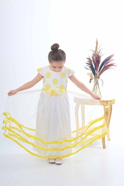 ÖFİ Kids Kız Sarı Puantiyeli Kısa Kollu Uzun Tüllü Şık Beyaz Abiye