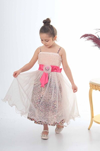 ÖFİ Kids Kız Uzun Leopar Desenli Pembe Şık Abiye