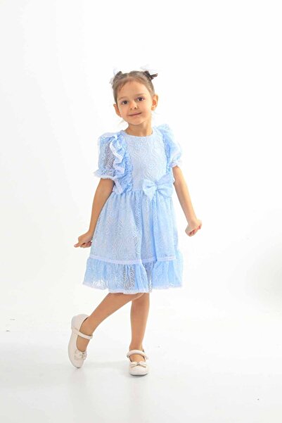 ÖFİ Kids Kız Mavi Güpürlü Dantelli Pamuklu Fiyonklu Kısa Kollu Sade Şık Elbise