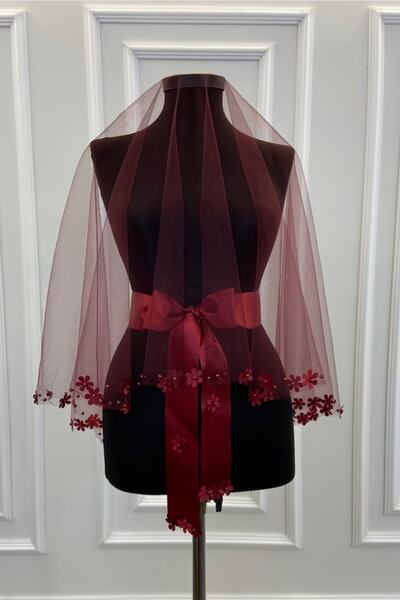 ZEYMERADE Bordo Uç Çiçek Ve İnci Süslemeli Sade Gelin Duvağı Seti