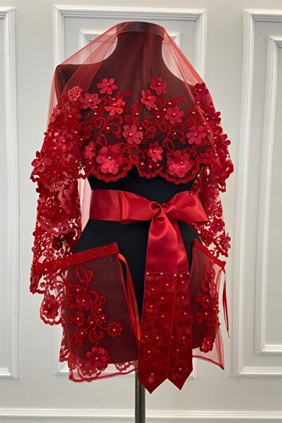 ZEYMERADE Kırmızı Üç Boyutlu Lüks Gelin Duvak Seti,simli Incili Lazer Çiçek S...