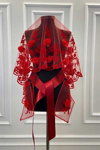 ZEYMERADE Kırmızı Üç Boyutlu Lüks Kına Örtüsü Gelin Duvak Seti 3d