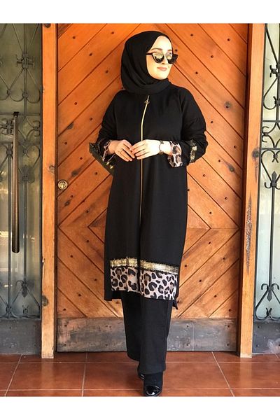 AYSUN AYDEMİR Leopard Detail Zipper Closure Hijab Tracksuit Set