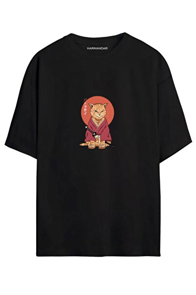 Harmandar Anime samuraj mačka Štampano unisex crno - belo Oversize kroj T-shirt