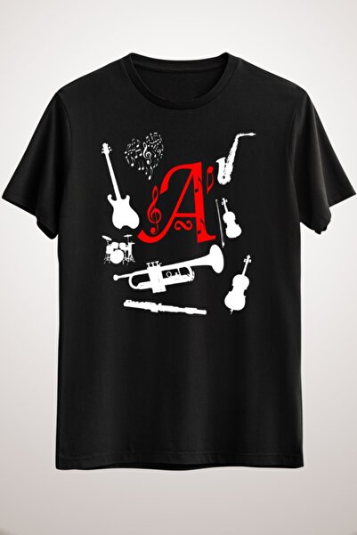 GreenMint تيشيرت موسيقى أسود للجنسين مونوغرام موسيقيحرف أ