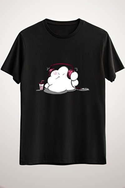 GreenMint تيشيرت موسيقى أسود للجنسين من Wanda The Happy Cloud Listens To Music