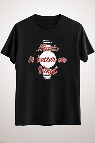 GreenMint تيشيرت موسيقى أسود للجنسين Music Is Better On Vinyl