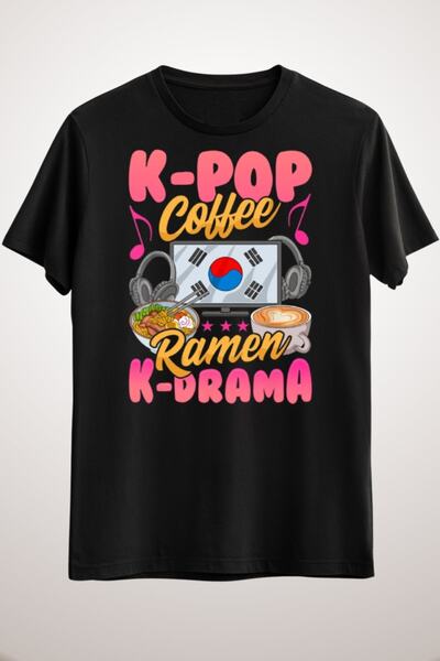 GreenMint للجنسين أسود K-pop القهوة رامين K-drama الموسيقى التي شيرت الموسيقى...