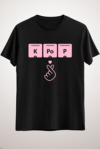 GreenMint تي شيرت أسود للجنسين من K-pop Periodic Table I Love Hand رمز الموسي...
