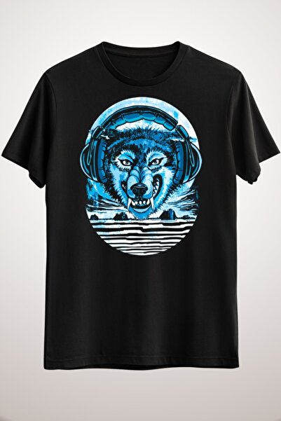 GreenMint تيشيرت موسيقى أسود وولف جامينج تو ميوزيك للجنسين تحت القمر الكامل