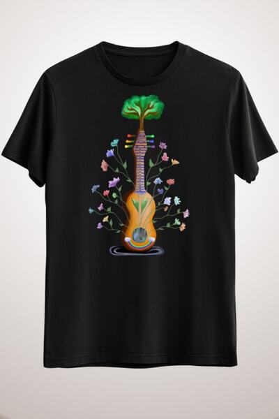GreenMint تيشيرت موسيقى شجرة الزهور السوداء للجنسين