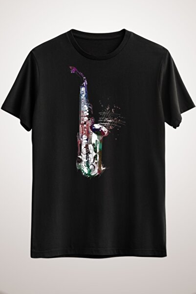 GreenMint تيشيرت موسيقى ساكسفون أسود للجنسين