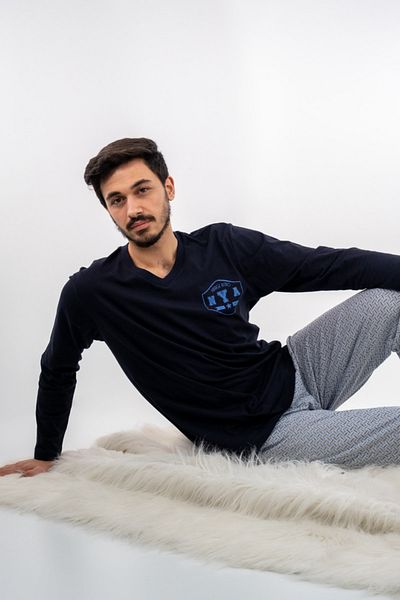 Nur Aka by Nurteks Navy Blue Long Sleeve 100% Cotton Large Size Pajama Set with Streamer Printed V-Neck