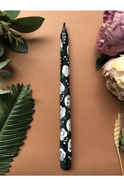 Elif Design Gri Güllü Mum El Çizimi Şamdan Mumu Desenli Şamdan Mumu Çiçekli Mum
