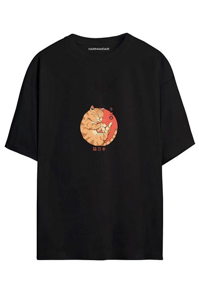 Harmandar Tricou oversize unisex negru - alb cu imprimeu Anime Sleeping Cat