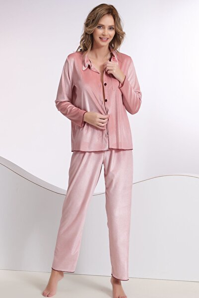Sevim Kadın Koyu Somon Kadfife Düğmeli Pijama Takım