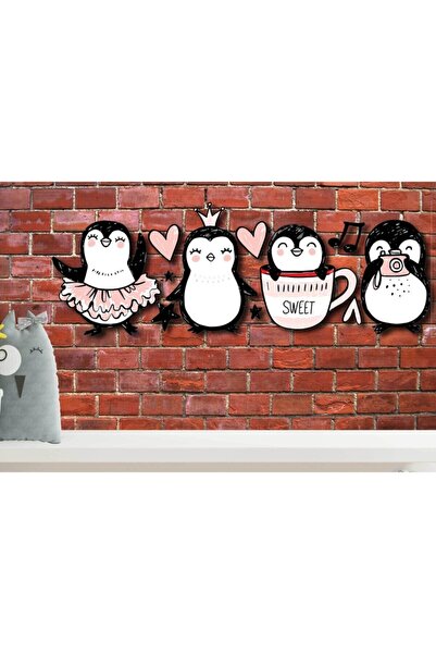 4'lü Sevimli Penguenler Ahşap Duvar Seti