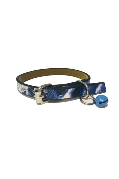 Elite Blue Black Anaconda Pattern Leather 1 Cm Metal Lock Buckle Cat Collar with Bells