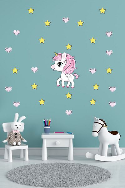 Tilki Dünyası Autocolant pentru fetiță cu inimi roz și stele galbene cu unicorn