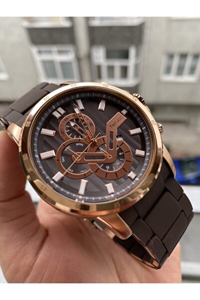 Ferrucci Spor Silikon - Metal Kordon Kahverengi Rose Gold Erkek Kol Saati