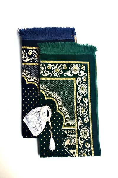 Kardelen Luxury Dodya Velvet Prayer Rug for Wedding, Engagement Bundles (Navy, Green), Rosary, Skullcap