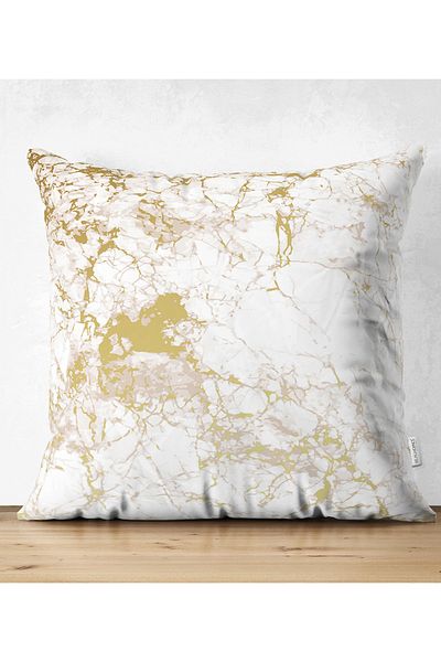 Realhomes Double Sided Gold Detailed Digital Printed Modern Suede Pillow Throw Pillow Cover with Marble Trousers