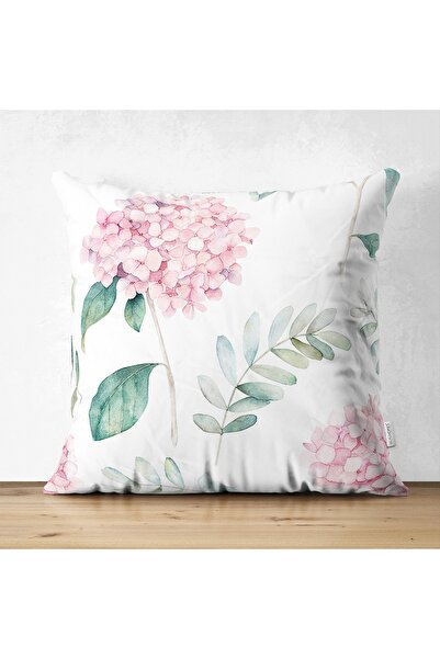 Realhomes Beyaz Zeminli Yeşil Yapraklı Ortanca Çiçek Dijital Baskılı Modern K...