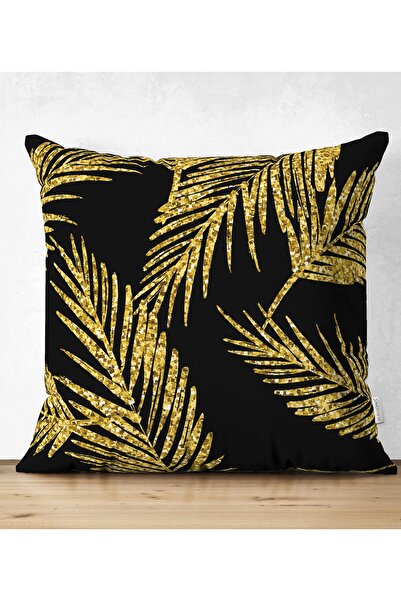 Realhomes Siyah Zemin Üzerinde Gold Renkli Yaprak Desenli Modern Yastık Kırle...