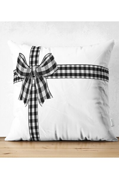 Realhomes غطاء وسادة من جلد الغزال الحديث مع نمط فيونكة أسود منقوش على خلفية ...