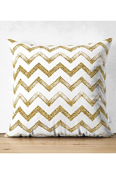 Realhomes Beyaz Zeminde Gold Zigzag Desenli Dijital Baskılı Modern Yastık Kır...