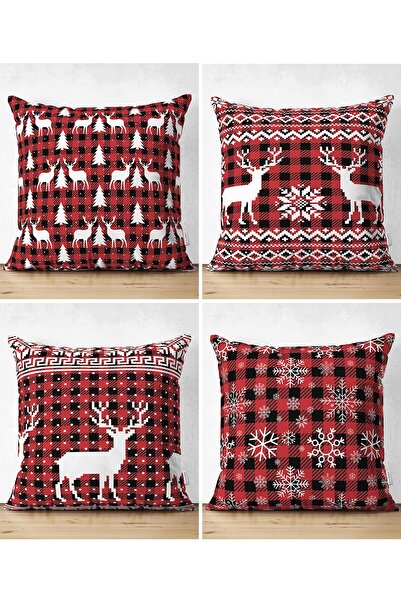 Realhomes Çift Taraflı 4'lü Yılbaşı Özel Tasarım Ekose Zeminli Geyik Ve Kar T...