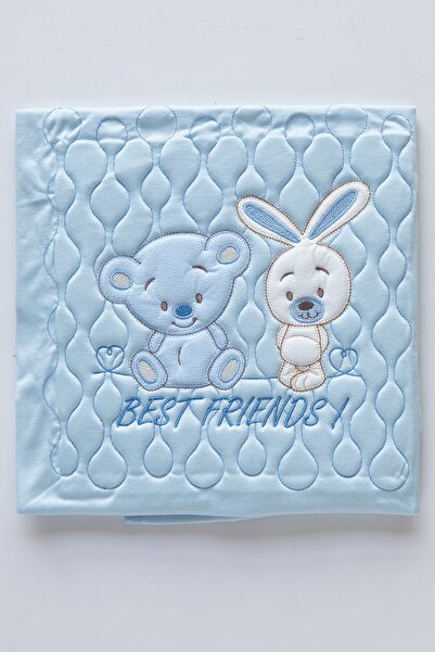 Mika Bebek Bear Rabbit Embossed 100% Cotton Blue Baby Boy Quilted Blanket