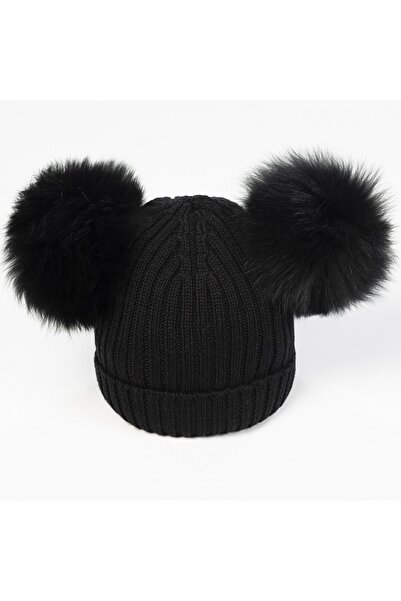 Pinolini قبعة بوم بوم مزدوجة سوداء للأطفال للجنسين