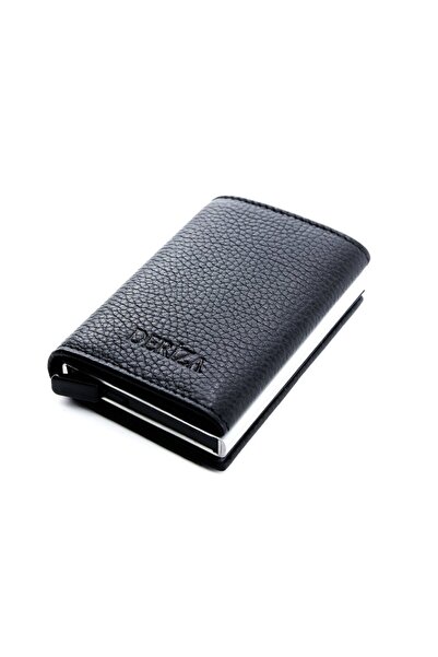 Deriza Hakiki Deri Mekanizmali Kartlıklı Cüzdan Siyah