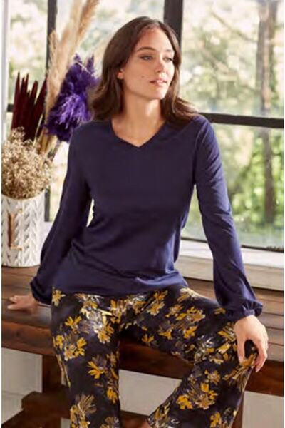 Eros Women's Purple Modal V-Neck Bottom Voile Long Sleeve Pajama Set