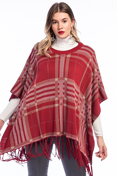 Şans Women's Large Size Claret Red Plaid Pattern Knitwear Poncho 65n21029