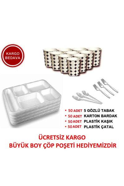 OĞUZ AMBALAJ 5 Compartment Foam Plate Spoon Fork Cardboard Cup Luxury Wedding Set 50 Pieces