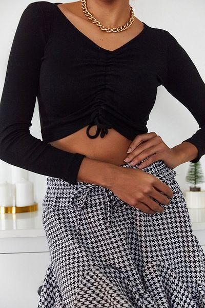 XHAN Women's Black Gathered Front Blouse 1KZK2-11039-02
