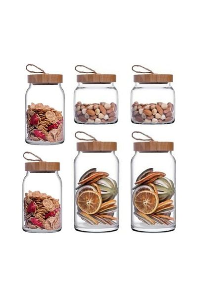 Paşabahçe Woody Bamboo Jar Set with Lid 6 Pieces 12 Pieces