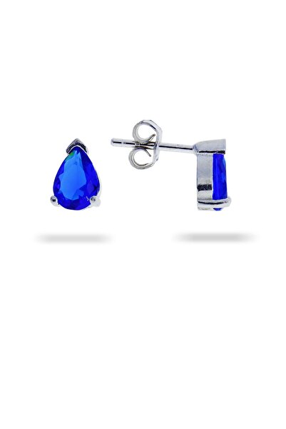 Doğan Silver Kadın Safir Taşlı Damla Model Tek Taş Gümüş Küpe
