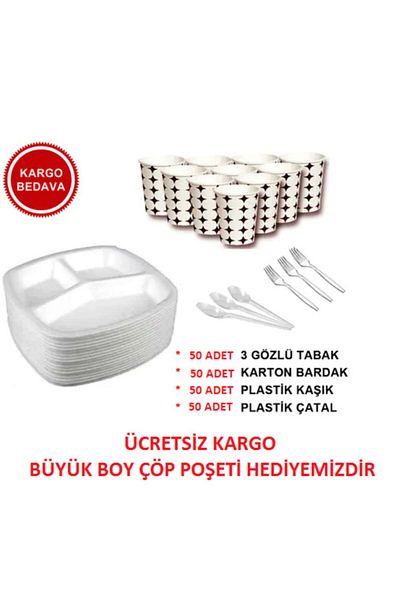 OĞUZ AMBALAJ 3 Compartment Foam Plate Spoon Fork Cardboard Cup Eco Set 50 Pieces