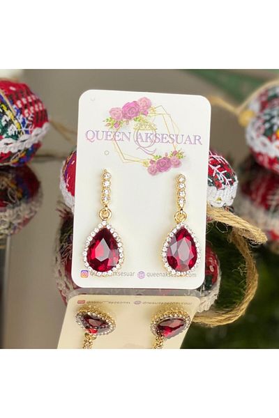 QUEEN AKSESUAR مخصص فاخر روبي الأحمر كريستال زجاج قطرة الزركون حجر قلادة القرط