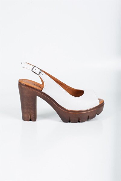 Deripabuc Hakiki Deri Beyaz Kadın Platform Topuklu Deri Sandalet Dp26-0300