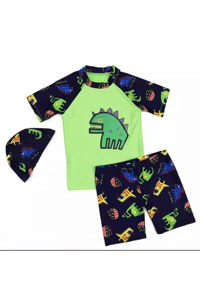 QUEEN AKSESUAR Cute Green Dinosaur Patterned UV Sun Protection Boys' Sea Pool Swimsuit Shorts Bonnet Bottom Top Set